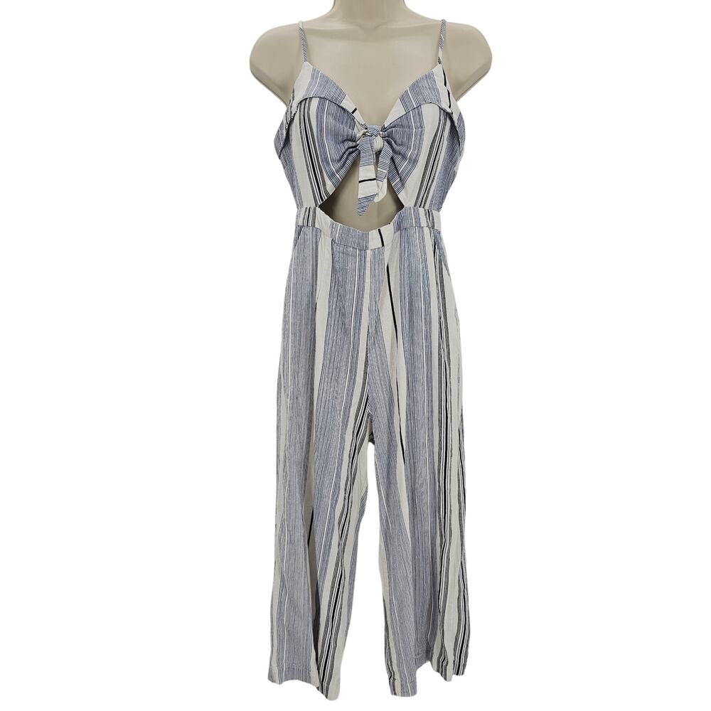 Iris Womans size M Blue & White Stripped Tie Front Cutout Wide Leg Crop Jumpsuit